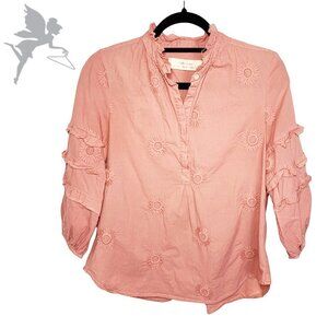 ANTHRO ISABELLA SINCLAIR Sunflower Embroidered Henley Popover Embellished Blouse